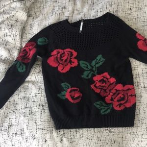 Black rose print open weave sweater